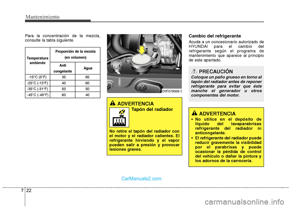 Hyundai Sonata Mantenimiento
22
7
Para la concentración de la mezcla,
consulte la tabla siguiente. Cambio del refrigerante
Acuda a un concesionario autorizado de
HYUNDAI para el cambio del
refrigerante según el Hyundai Sonata Mantenimiento
22
7
Para la concentración de la mezcla,
consulte la tabla siguiente. Cambio del refrigerante
Acuda a un concesionario autorizado de
HYUNDAI para el cambio del
refrigerante según el