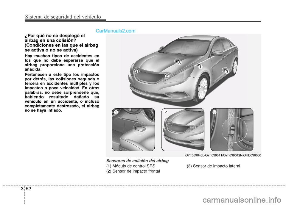 Hyundai Sonata Sistema de seguridad del vehículo
52
3
¿Por qué no se desplegó el
airbag en una colisión?
(Condiciones en las que el airbag
se activa o no se activa)
Hay muchos tipos de accidentes en
los que Hyundai Sonata Sistema de seguridad del vehículo
52
3
¿Por qué no se desplegó el
airbag en una colisión?
(Condiciones en las que el airbag
se activa o no se activa)
Hay muchos tipos de accidentes en
los que