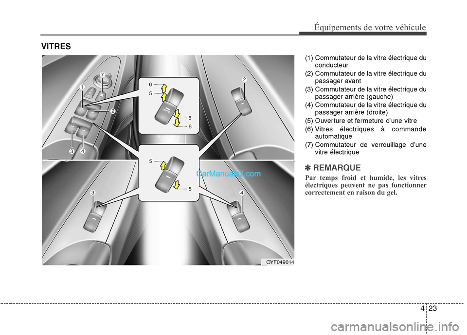 Hyundai Sonata 2012 Manuel du propriétaire (in French) 423
Équipements de votre véhicule
(1) Commutateur de la vitre électrique duconducteur
(2) Commutateur de la vitre électrique du passager avant
(3) Commutateur de la vitre électrique du passager a Hyundai Sonata 2012 Manuel du propriétaire (in French) 423
Équipements de votre véhicule
(1) Commutateur de la vitre électrique duconducteur
(2) Commutateur de la vitre électrique du passager avant
(3) Commutateur de la vitre électrique du passager a