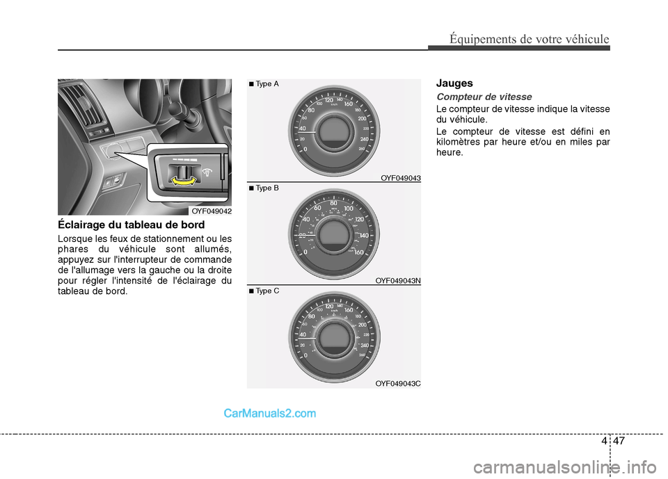 Hyundai Sonata 2012 Manuel du propriétaire (in French) 447
Équipements de votre véhicule
Éclairage du tableau de bord
Lorsque les feux de stationnement ou les
phares du véhicule sont allumés,
appuyez sur linterrupteur de commande
de lallumage ver Hyundai Sonata 2012 Manuel du propriétaire (in French) 447
Équipements de votre véhicule
Éclairage du tableau de bord
Lorsque les feux de stationnement ou les
phares du véhicule sont allumés,
appuyez sur linterrupteur de commande
de lallumage ver