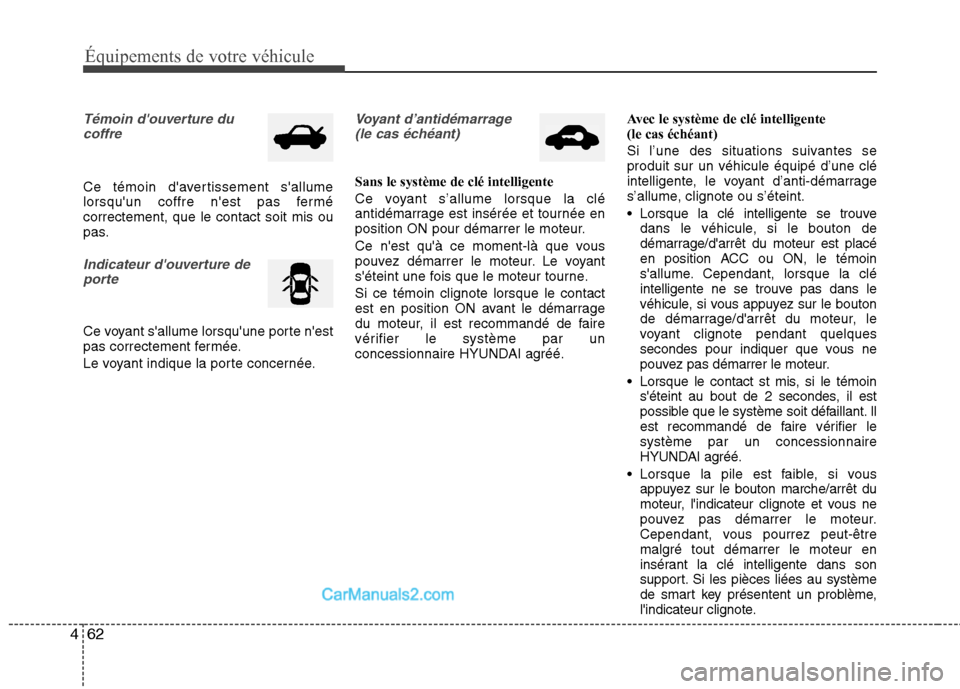 Hyundai Sonata 2012  Manuel du propriétaire (in French) Équipements de votre véhicule
62
4
Témoin douverture du
coffre
Ce témoin davertissement sallume 
lorsquun coffre nest pas fermécorrectement, que le contact soit mis ou
pas.
Indicateur douve