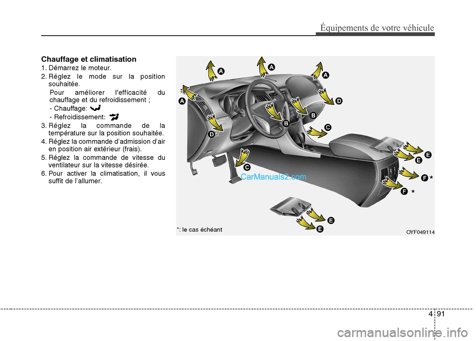 Hyundai Sonata 2012 Manuel du propriétaire (in French) 491
Équipements de votre véhicule
Chauffage et climatisation
1. Démarrez le moteur.
2. Réglez le mode sur la positionsouhaitée.
Pour améliorer lefficacité du
chauffage et du refroidissement Hyundai Sonata 2012 Manuel du propriétaire (in French) 491
Équipements de votre véhicule
Chauffage et climatisation
1. Démarrez le moteur.
2. Réglez le mode sur la positionsouhaitée.
Pour améliorer lefficacité du
chauffage et du refroidissement