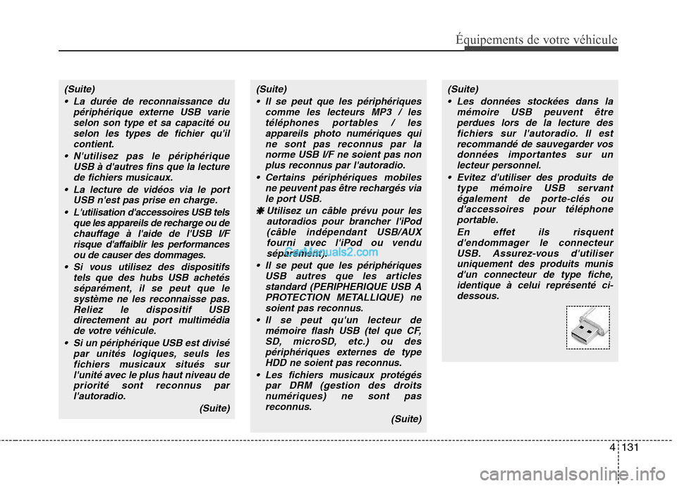 Hyundai Sonata 2012  Manuel du propriétaire (in French) 4131
Équipements de votre véhicule
(Suite) La durée de reconnaissance du périphérique externe USB varieselon son type et sa capacité ouselon les types de fichier quil
contient.
 Nutilisez pas 