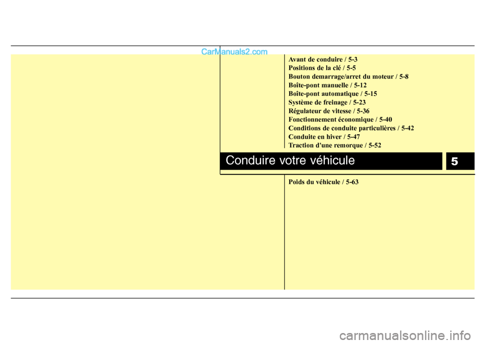 Hyundai Sonata 2012 Manuel du propriétaire (in French) 5
Avant de conduire / 5-3 Positions de la clé / 5-5
Bouton demarrage/arret du moteur / 5-8Boîte-pont manuelle / 5-12Boîte-pont automatique / 5-15
Système de freinage / 5-23
Régulateur de vitesse Hyundai Sonata 2012 Manuel du propriétaire (in French) 5
Avant de conduire / 5-3 Positions de la clé / 5-5
Bouton demarrage/arret du moteur / 5-8Boîte-pont manuelle / 5-12Boîte-pont automatique / 5-15
Système de freinage / 5-23
Régulateur de vitesse
