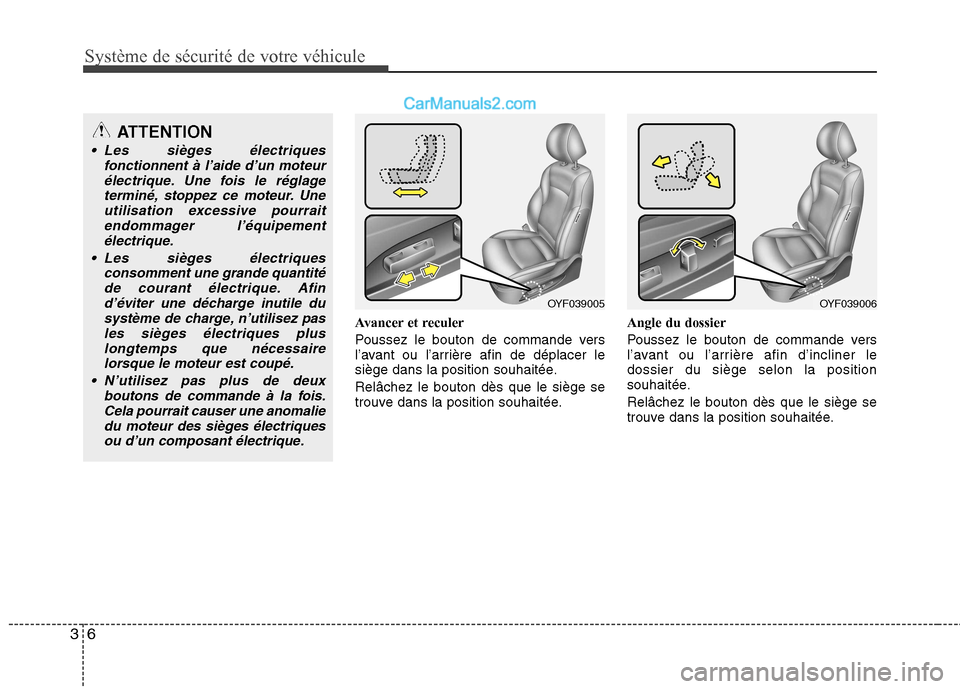 Hyundai Sonata 2012  Manuel du propriétaire (in French) Système de sécurité de votre véhicule
6
3
Avancer et reculer 
Poussez le bouton de commande vers 
l’avant ou l’arrière afin de déplacer le
siège dans la position souhaitée. Relâchez le bo