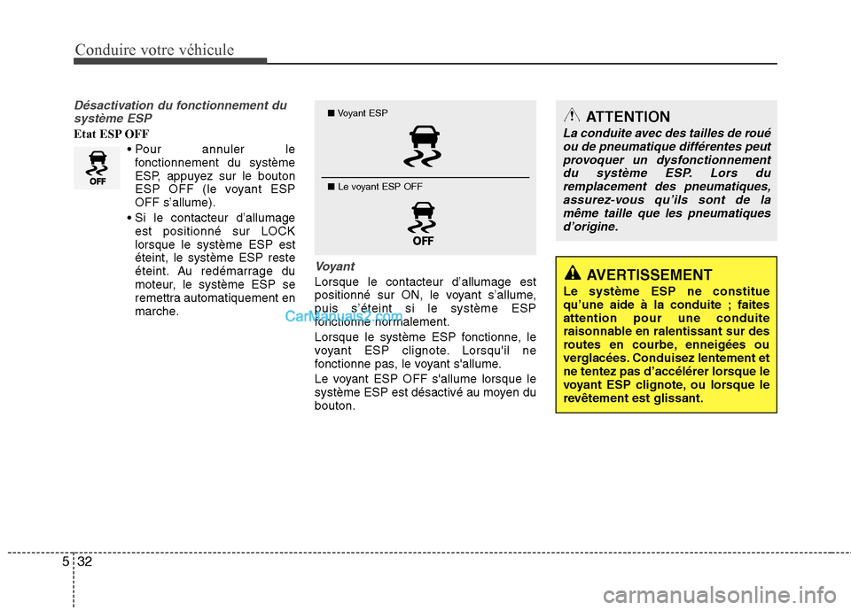 Hyundai Sonata 2012 Manuel du propriétaire (in French) Conduire votre véhicule
32
5
Désactivation du fonctionnement du
système ESP
Etat ESP OFF
Pour annuler le
fonctionnement du système
ESP, appuyez sur le bouton
ESP OFF (le voyant ESPOFF s’allume) Hyundai Sonata 2012 Manuel du propriétaire (in French) Conduire votre véhicule
32
5
Désactivation du fonctionnement du
système ESP
Etat ESP OFF
Pour annuler le
fonctionnement du système
ESP, appuyez sur le bouton
ESP OFF (le voyant ESPOFF s’allume)