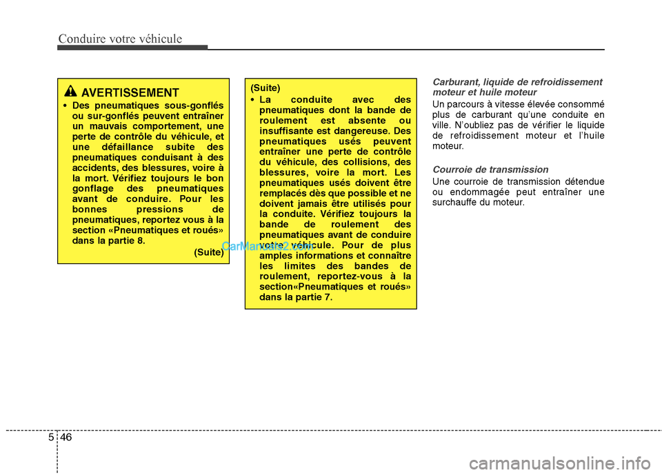 Hyundai Sonata Conduire votre véhicule
46
5
Carburant, liquide de refroidissement
moteur et huile moteur
Un parcours à vitesse élevée consommé 
plus de carburant qu’une conduite en
ville. N’oubliez pas de v
