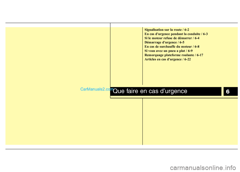 Hyundai Sonata 2012  Manuel du propriétaire (in French) 6
Signalisation sur la route / 6-2 En cas durgence pendant la conduite / 6-3
Si le moteur refuse de démarrer / 6-4Démarrage durgence / 6-5
En cas de surchauffe du moteur / 6-8Si vous avez un pneu 