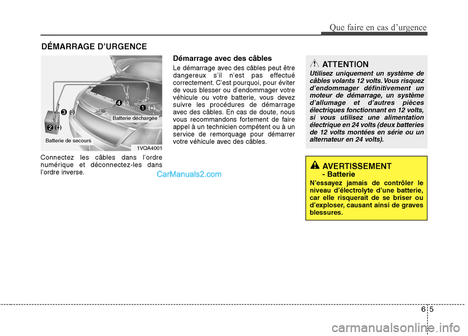 Hyundai Sonata 2012 Manuel du propriétaire (in French) 65
Que faire en cas d’urgence
DÉMARRAGE D’URGENCE
Connectez les câbles dans l’ordre
numérique et déconnectez-les dans
l’ordre inverse. Démarrage avec des câbles
Le démarrage avec des Hyundai Sonata 2012 Manuel du propriétaire (in French) 65
Que faire en cas d’urgence
DÉMARRAGE D’URGENCE
Connectez les câbles dans l’ordre
numérique et déconnectez-les dans
l’ordre inverse. Démarrage avec des câbles
Le démarrage avec des