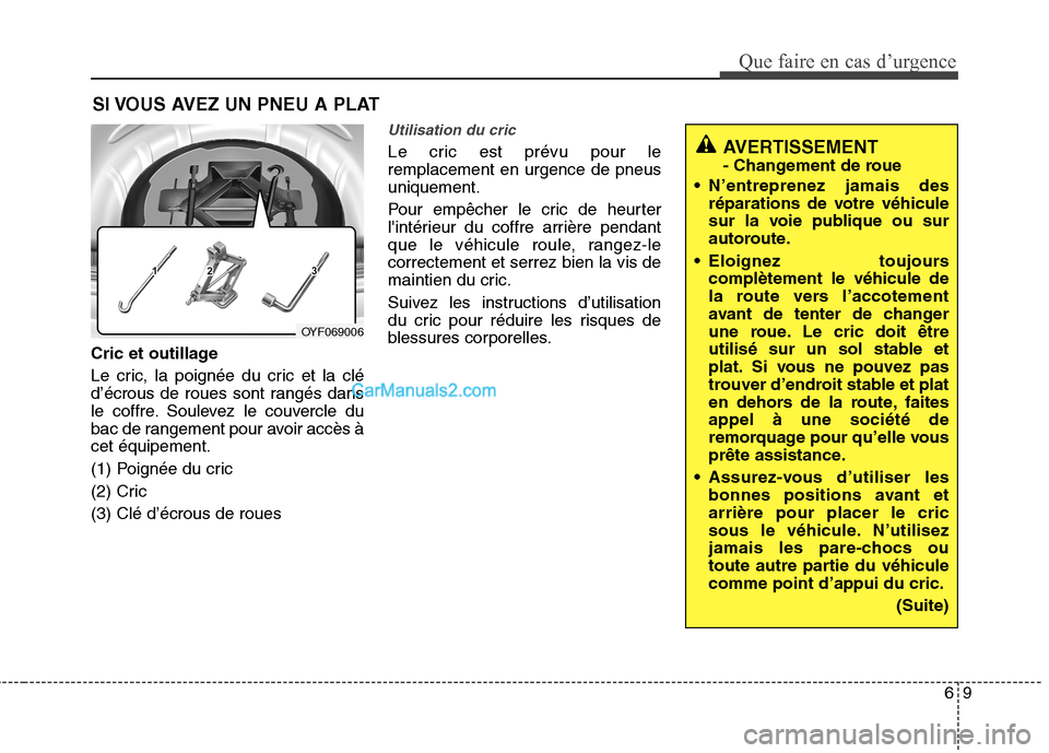 Hyundai Sonata 2012 Manuel du propriétaire (in French) 69
Que faire en cas d’urgence
SI VOUS AVEZ UN PNEU A PLAT
Cric et outillage
Le cric, la poignée du cric et la clé
d’écrous de roues sont rangés dans
le coffre. Soulevez le couvercle du
bac d Hyundai Sonata 2012 Manuel du propriétaire (in French) 69
Que faire en cas d’urgence
SI VOUS AVEZ UN PNEU A PLAT
Cric et outillage
Le cric, la poignée du cric et la clé
d’écrous de roues sont rangés dans
le coffre. Soulevez le couvercle du
bac d