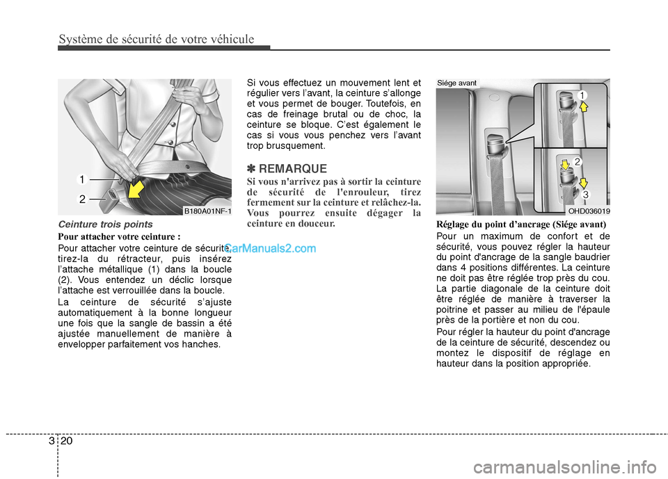 Hyundai Sonata 2012  Manuel du propriétaire (in French) Système de sécurité de votre véhicule 
20
3
Ceinture trois points
Pour attacher votre ceinture : 
Pour attacher votre ceinture de sécurité, 
tirez-la du rétracteur, puis insérezl’attache mé