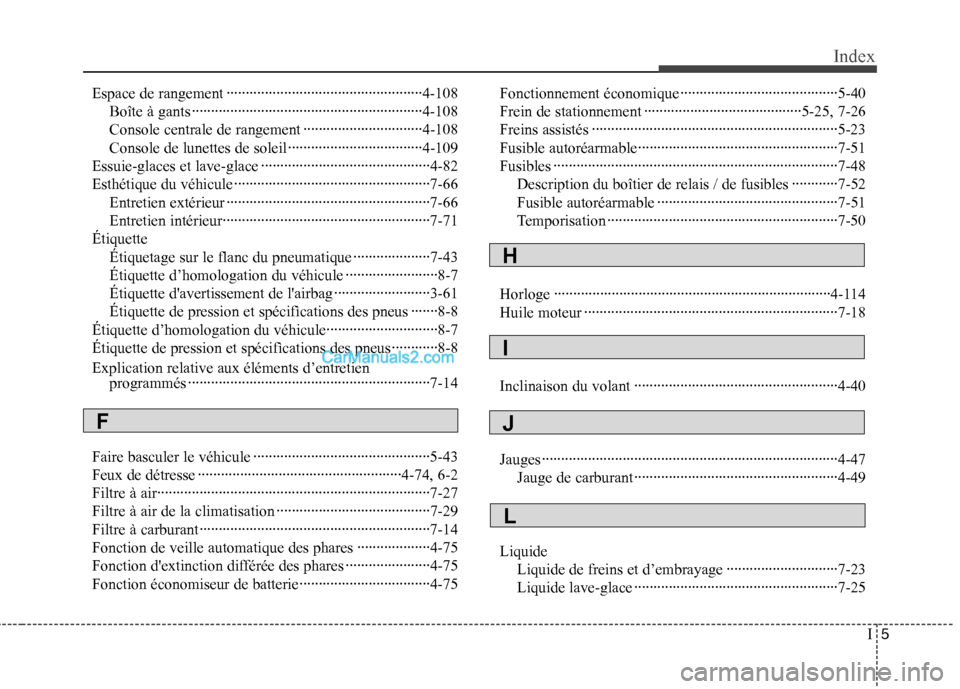 Hyundai Sonata 2012 Manuel du propriétaire (in French) I5
Index
Espace de rangement ···················································4-108
Boîte à gants ······················· Hyundai Sonata 2012 Manuel du propriétaire (in French) I5
Index
Espace de rangement ···················································4-108
Boîte à gants ·······················
