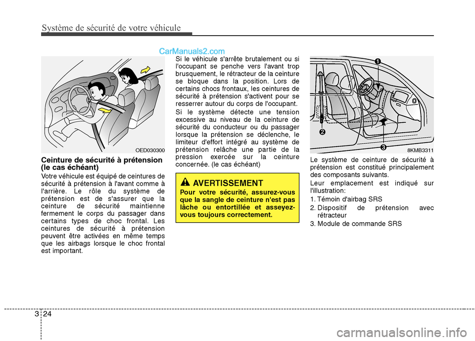 Hyundai Sonata 2012  Manuel du propriétaire (in French) Système de sécurité de votre véhicule 
24
3
Ceinture de sécurité à prétension 
(le cas échéant) 
Votre véhicule est équipé de ceintures de 
sécurité à prétension à lavant comme à
l