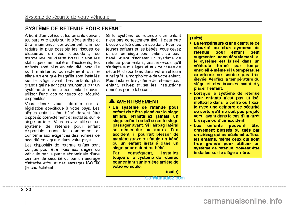 Hyundai Sonata 2012  Manuel du propriétaire (in French) Système de sécurité de votre véhicule 
30
3
À bord d’un véhicule, les enfants doivent 
toujours être assis sur le siège arrière et
être maintenus correctement afin de
réduire le plus poss