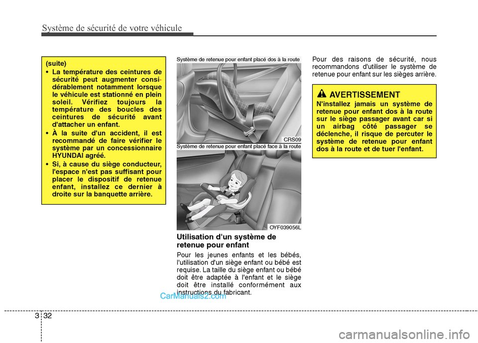 Hyundai Sonata 2012  Manuel du propriétaire (in French) Système de sécurité de votre véhicule 
32
3
Utilisation dun système de 
retenue pour enfant 
Pour les jeunes enfants et les bébés, 
lutilisation dun siège enfant ou bébé est
requise. La t