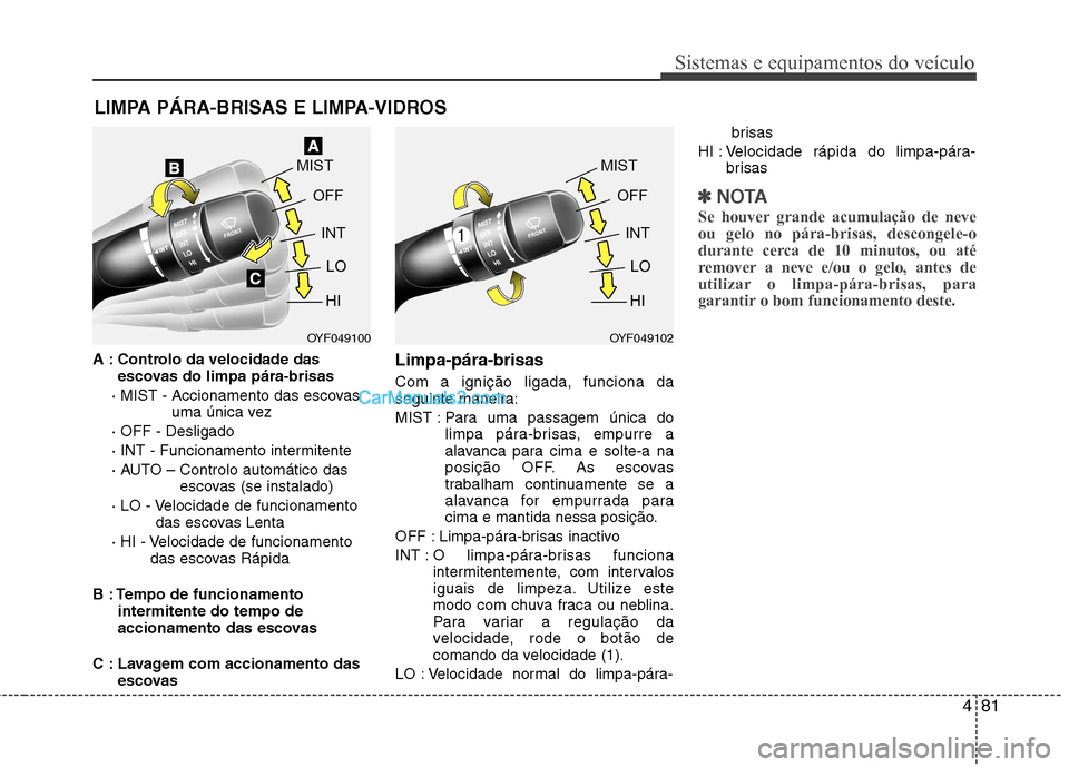 Hyundai Sonata 481
Sistemas e equipamentos do veículo
A : Controlo da velocidade dasescovas do limpa pára-brisas
· MIST - Accionamento das escovas uma única vez
· OFF - Desligado
· INT - Funcionamento interm Hyundai Sonata 481
Sistemas e equipamentos do veículo
A : Controlo da velocidade dasescovas do limpa pára-brisas
· MIST - Accionamento das escovas uma única vez
· OFF - Desligado
· INT - Funcionamento interm