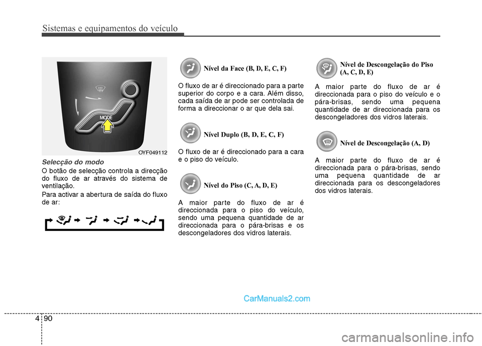 Hyundai Sonata Sistemas e equipamentos do veículo
90
4
Selecção do modo
O botão de selecção controla a direcção
do fluxo de ar através do sistema de
ventilação.
Para activar a abertura de saída do flux Hyundai Sonata Sistemas e equipamentos do veículo
90
4
Selecção do modo
O botão de selecção controla a direcção
do fluxo de ar através do sistema de
ventilação.
Para activar a abertura de saída do flux