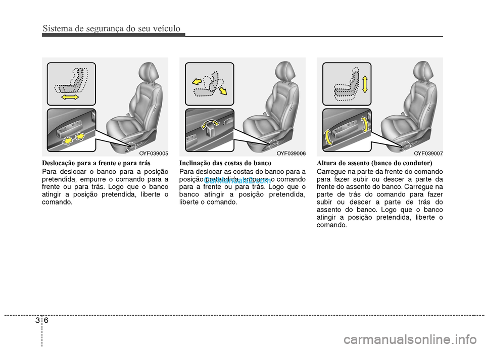 Hyundai Sonata 2012  Manual do proprietário (in Portuguese) Sistema de segurança do seu veículo
6
3
Deslocação para a frente e para trás 
Para deslocar o banco para a posição 
pretendida, empurre o comando para a
frente ou para trás. Logo que o banco
a