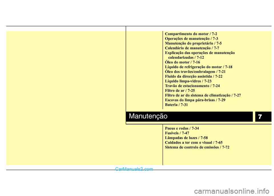 Hyundai Sonata 7
Compartimento do motor / 7-2 Operações de manutenção / 7-3
Manutenção do proprietário / 7-5Calendário de manutenção / 7-7Explicação das operações de manutenção calendarizadas / 7-12
Hyundai Sonata 7
Compartimento do motor / 7-2 Operações de manutenção / 7-3
Manutenção do proprietário / 7-5Calendário de manutenção / 7-7Explicação das operações de manutenção calendarizadas / 7-12