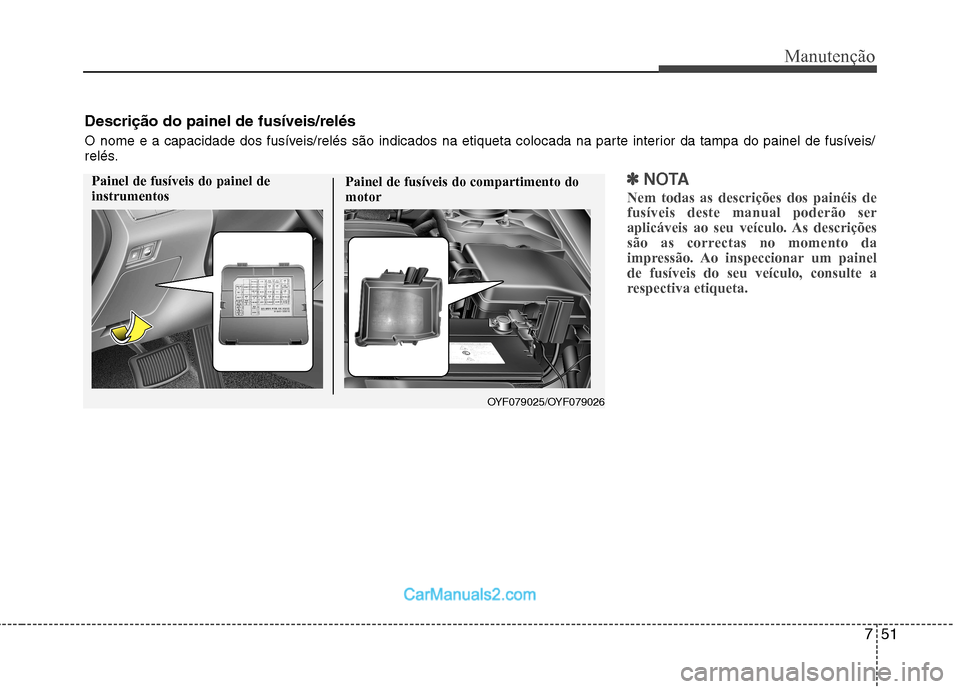 Hyundai Sonata 751
Manutenção
✽✽NOTA
Nem todas as descrições dos painéis de fusíveis deste manual poderão ser
aplicáveis ao seu veículo. As descrições
são as correctas no momento da
impressão. Ao in