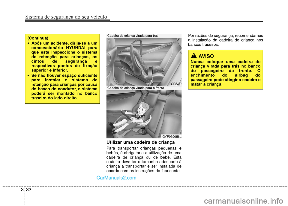 Hyundai Sonata Sistema de segurança do seu veículo
32
3
Utilizar uma cadeira de criança
Para transportar crianças pequenas e
bebés, é obrigatória a utilização de uma
cadeira de criança ou de bebé. Esta
Hyundai Sonata Sistema de segurança do seu veículo
32
3
Utilizar uma cadeira de criança
Para transportar crianças pequenas e
bebés, é obrigatória a utilização de uma
cadeira de criança ou de bebé. Esta