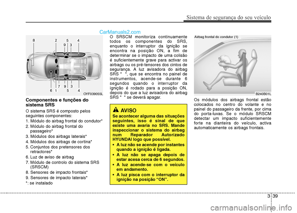 Hyundai Sonata 339
Sistema de segurança do seu veículo
Componentes e funções do sistema SRS O sistema SRS é composto pelos seguintes componentes:
1. Módulo do airbag frontal do condutor*
2. Módulo do airbag Hyundai Sonata 339
Sistema de segurança do seu veículo
Componentes e funções do sistema SRS O sistema SRS é composto pelos seguintes componentes:
1. Módulo do airbag frontal do condutor*
2. Módulo do airbag