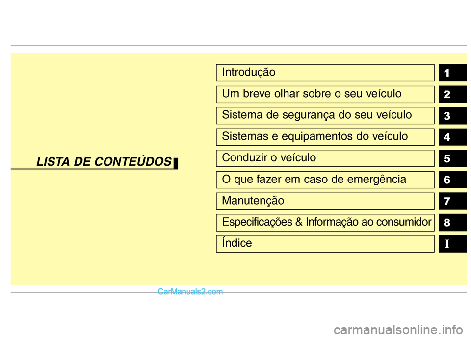 Hyundai Sonata 2012  Manual do proprietário (in Portuguese) 1 2 3 4 5 6 78IIntrodução
Um breve olhar sobre o seu veículo
Sistema de segurança do seu veículo
Sistemas e equipamentos do veículo
Conduzir o veículo
O que fazer em caso de emergência
Manuten