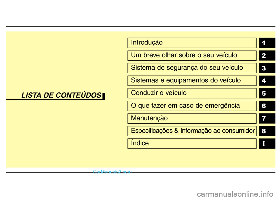 Hyundai Sonata 1 2 3 4 5 6 78IIntrodução
Um breve olhar sobre o seu veículo
Sistema de segurança do seu veículo
Sistemas e equipamentos do veículo
Conduzir o veículo
O que fazer em caso de emergência
Manuten