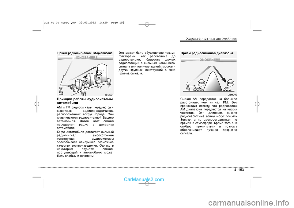 Hyundai Sonata 2012  Инструкция по эксплуатации (in Russian) 4 153
Õàðàêòåðèñòèêè àâòîìîáèëÿ
Ïðèíöèï ðàáîòû àóäèîñèñòåìû
àâòîìîáèëÿAM è FM ðàäèîñèãíàëû ïåð\
åäàþòñÿ ñ
âûñîò�