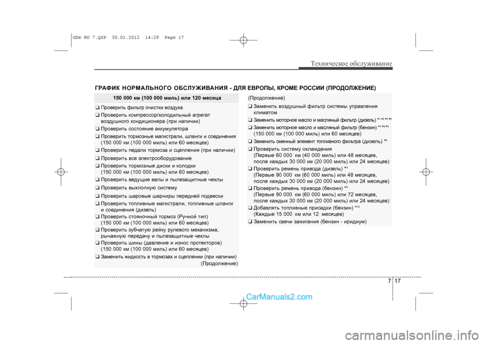 Hyundai Sonata 2012 Инструкция по эксплуатации (in Russian) 717
Òåõíè÷åñêîå îáñëóæèâàíèå
ÃÐÀÔÈÊ ÍÎÐÌÀËÜÍÎÃÎ ÎÁÑËÓÆÈÂÀÍÈß - ÄËß ÅÂÐÎÏÛ, ÊÐÎÌÅ ÐÎÑÑÈÈ (ÏÐÎÄÎËÆÅÍÈÅ)
150 000 êì (1 Hyundai Sonata 2012 Инструкция по эксплуатации (in Russian) 717
Òåõíè÷åñêîå îáñëóæèâàíèå
ÃÐÀÔÈÊ ÍÎÐÌÀËÜÍÎÃÎ ÎÁÑËÓÆÈÂÀÍÈß - ÄËß ÅÂÐÎÏÛ, ÊÐÎÌÅ ÐÎÑÑÈÈ (ÏÐÎÄÎËÆÅÍÈÅ)
150 000 êì (1