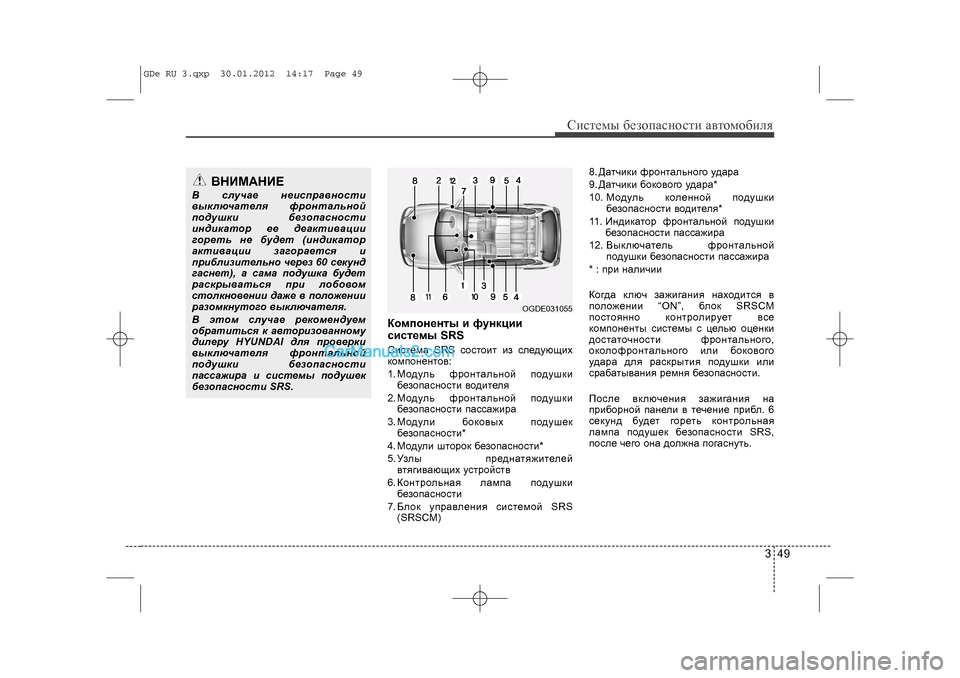 Hyundai Sonata 2012 Инструкция по эксплуатации (in Russian) 349
Ñèñòåìû áåçîïàñíîñòè àâòîìîáèëÿ
Êîìïîíåíòû è ôóíêöèè
ñèñòåìû SRSÑèñòåìà SRS ñîñòîèò èç ñëåäóþùèõ
êîìïîíåíòî Hyundai Sonata 2012 Инструкция по эксплуатации (in Russian) 349
Ñèñòåìû áåçîïàñíîñòè àâòîìîáèëÿ
Êîìïîíåíòû è ôóíêöèè
ñèñòåìû SRSÑèñòåìà SRS ñîñòîèò èç ñëåäóþùèõ
êîìïîíåíòî