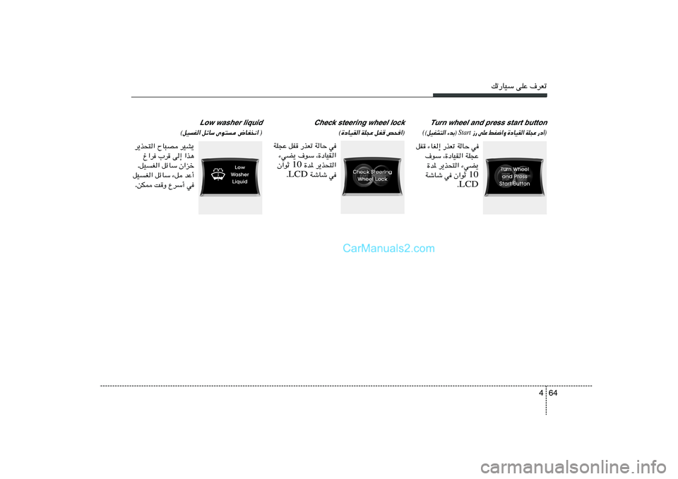 Hyundai Sonata 2012  دليل المالك 64 4
pð—UOÝ vKŽ ·dFð
Low washer liquid
 )
÷UH½« 
Èu² 
qzUÝ 
©qOG«
Turn wheel and press start button
)—œ√ 
WK−Ž 
…œUOI« 
jG{«Ë 
vKŽ “—
 Start 
¡bÐ® 
©qOGA²