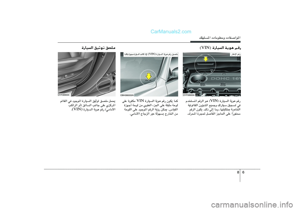Hyundai Sonata 2012  دليل المالك 6 8
pKN²*«  UuKFË  UH«u*«
® …—UO« W¹u¼ r— VIN ©
r
—   —UÞù«
OYF089004
…—UO« oOŁuð oBK
oBK   r
—   W¹u¼    …—UO«  (VIN) ® ≈ – «    U ½ X   