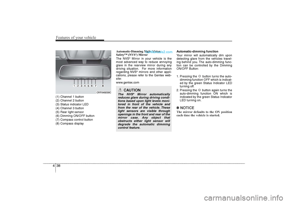 Hyundai Sonata 2011  Owners Manual 
Features of your vehicle38
4(1) Channel 1 button
(2) Channel 2 button
(3) Status indicator LED
(4) Channel 3 button
(5) Rear light sensor
(6) Dimming ON/OFF button
(7) Compass control button
(8) Comp