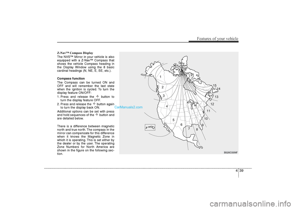 Hyundai Sonata 2011  Owners Manual 
439
Features of your vehicle
Z-Nav™ Compass Display
The NVS™ Mirror in your vehicle is also
equipped with a Z-Nav™ Compass that
shows the vehicle Compass heading in
the Display Window using the