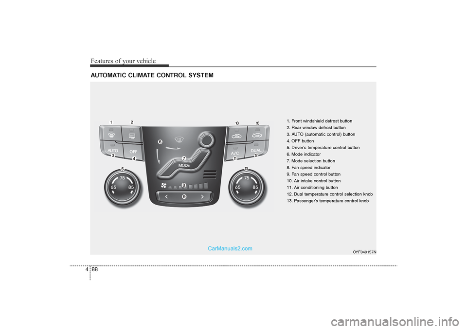 Hyundai Sonata 
Features of your vehicle88
4AUTOMATIC CLIMATE CONTROL SYSTEM
1. Front windshield defrost button
2. Rear window defrost button
3. AUTO (automatic control) button
4. OFF button
5. Driver’s temperatur