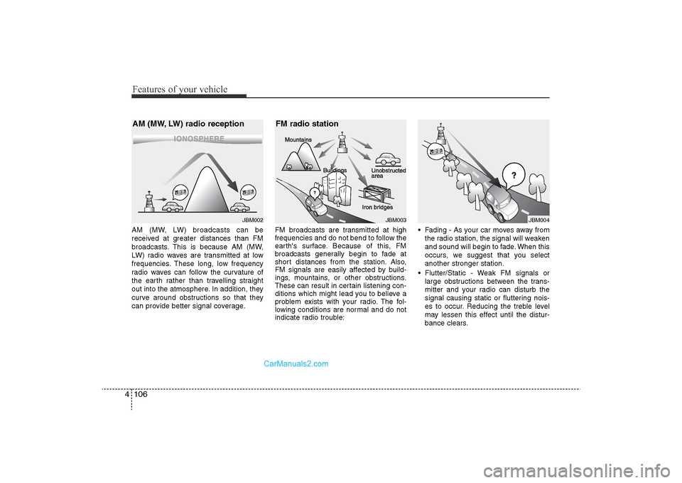 Hyundai Sonata
Features of your vehicle106
4AM (MW, LW) broadcasts can be
received at greater distances than FM
broadcasts. This is because AM (MW,
LW) radio waves are transmitted at low
frequencies. These long, lo Hyundai Sonata
Features of your vehicle106
4AM (MW, LW) broadcasts can be
received at greater distances than FM
broadcasts. This is because AM (MW,
LW) radio waves are transmitted at low
frequencies. These long, lo