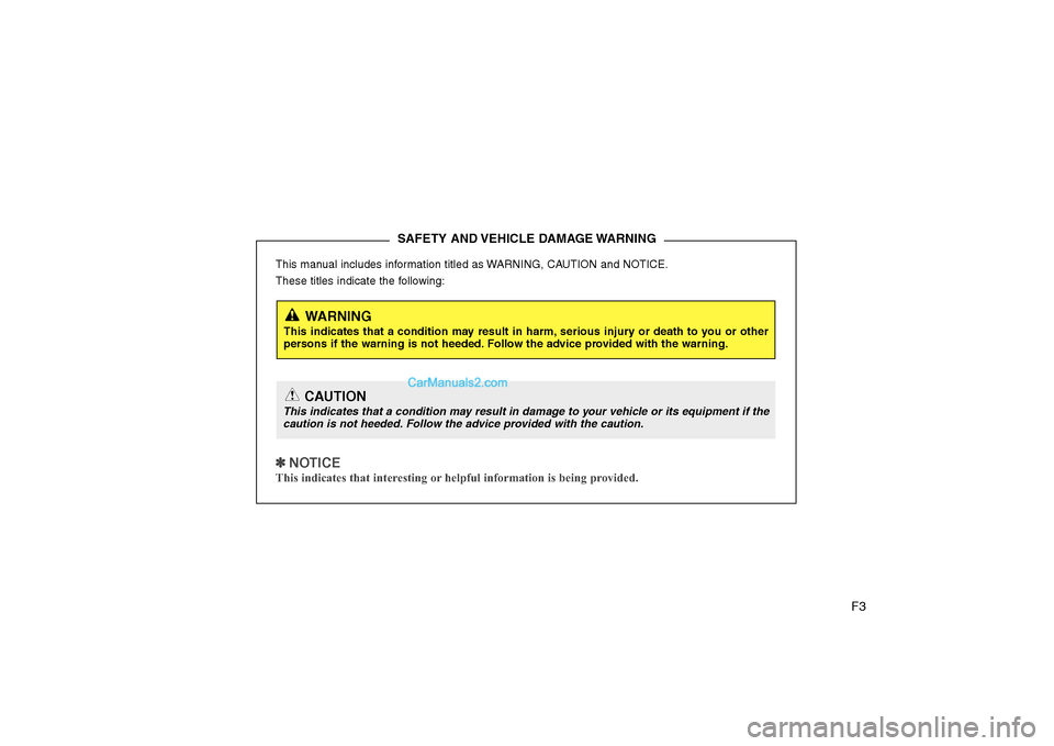 Hyundai Sonata 2011  Owners Manual 
F3
This manual includes information titled as WARNING, CAUTION and NOTICE.
These titles indicate the following:✽ ✽ 
 
NOTICEThis indicates that interesting or helpful information is being provide