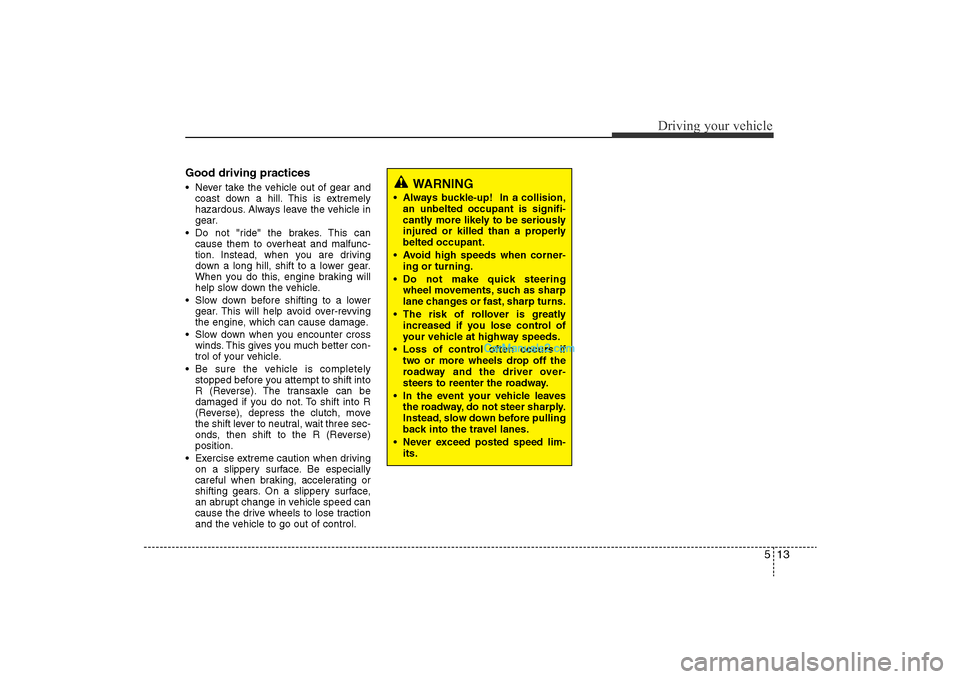 Hyundai Sonata 2011 Owners Manual
513
Driving your vehicle
Good driving practices• Never take the vehicle out of gear andcoast down a hill. This is extremely
hazardous. Always leave the vehicle in
gear.
• Do not "ride" the brakes Hyundai Sonata 2011 Owners Manual
513
Driving your vehicle
Good driving practices• Never take the vehicle out of gear andcoast down a hill. This is extremely
hazardous. Always leave the vehicle in
gear.
• Do not "ride" the brakes