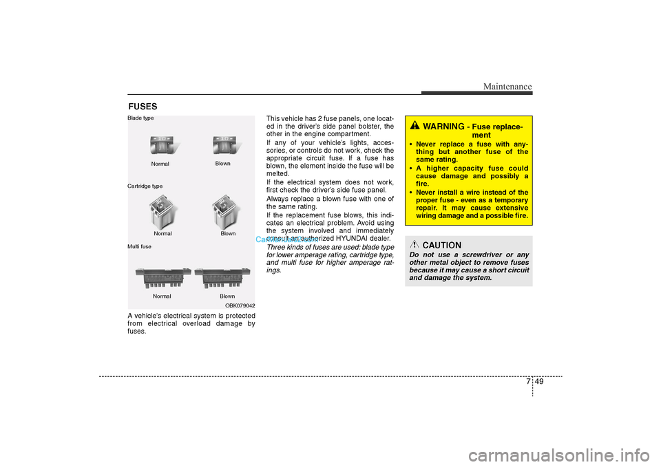 Hyundai Sonata 2011  Owners Manual 
749
Maintenance
FUSESA vehicle’s electrical system is protected
from electrical overload damage by
fuses.This vehicle has 2 fuse panels, one locat-
ed in the driver’s side panel bolster, the
othe