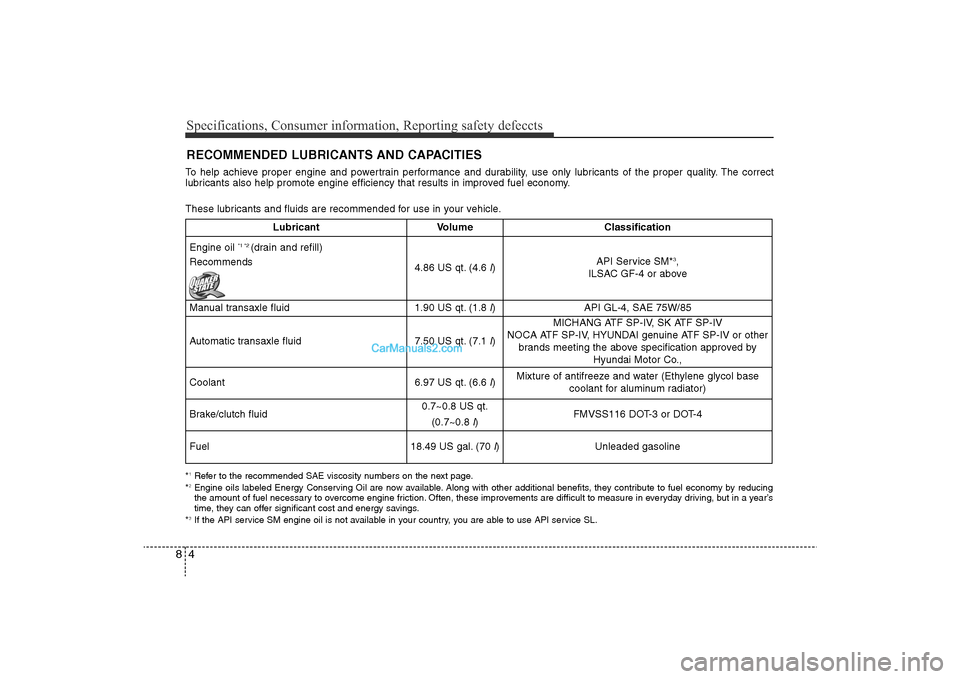 Hyundai Sonata 2011  Owners Manual 
Specifications, Consumer information, Reporting safety defeccts4
8RECOMMENDED LUBRICANTS AND CAPACITIES  To help achieve proper engine and powertrain performance and durability, use only lubricants o