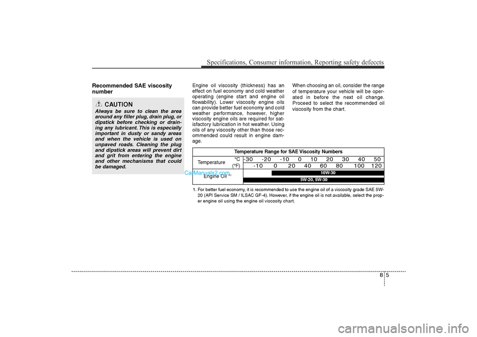 Hyundai Sonata
85
Specifications, Consumer information, Reporting safety defeccts
Recommended SAE viscosity
number
Engine oil viscosity (thickness) has an
effect on fuel economy and cold weather
operating (engin Hyundai Sonata
85
Specifications, Consumer information, Reporting safety defeccts
Recommended SAE viscosity
number
Engine oil viscosity (thickness) has an
effect on fuel economy and cold weather
operating (engin