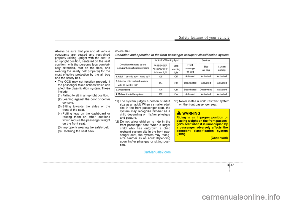 Hyundai Sonata 2011  Owners Manual 
345
Safety features of your vehicle
Always be sure that you and all vehicle
occupants are seated and restrained
properly (sitting upright with the seat in
an upright position, centered on the seat
cu