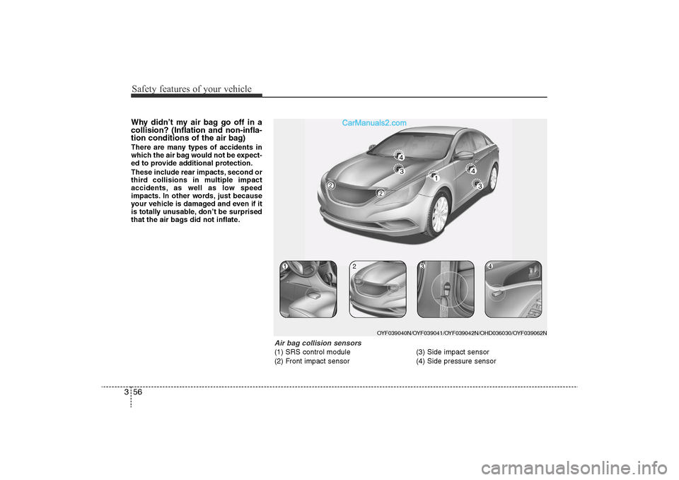 Hyundai Sonata
Safety features of your vehicle56
3Why didn’t my air bag go off in a
collision? (Inflation and non-infla-
tion conditions of the air bag)There are many types of accidents in
which the air bag would Hyundai Sonata
Safety features of your vehicle56
3Why didn’t my air bag go off in a
collision? (Inflation and non-infla-
tion conditions of the air bag)There are many types of accidents in
which the air bag would