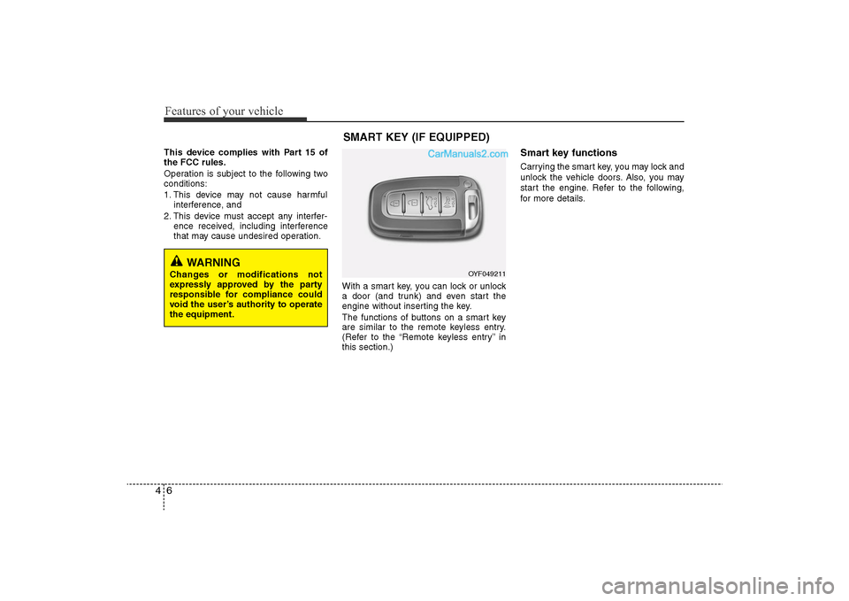 Hyundai Sonata 2011  Owners Manual 
Features of your vehicle6
4This device complies with Part 15 of
the FCC rules.
Operation is subject to the following two
conditions:
1. This device may not cause harmful
interference, and 
2. This de