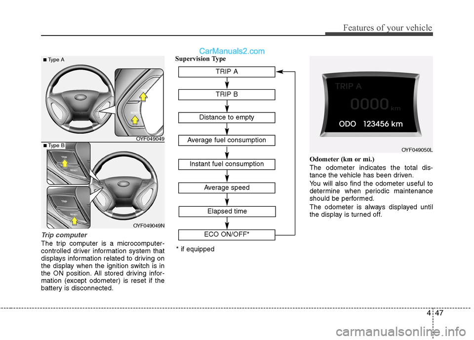 Hyundai Sonata 2011  Owners Manual - RHD (UK, Australia) 447
Features of your vehicle
Trip computer
The trip computer is a microcomputer- 
controlled driver information system that
displays information related to driving on
the display when the ignition swi