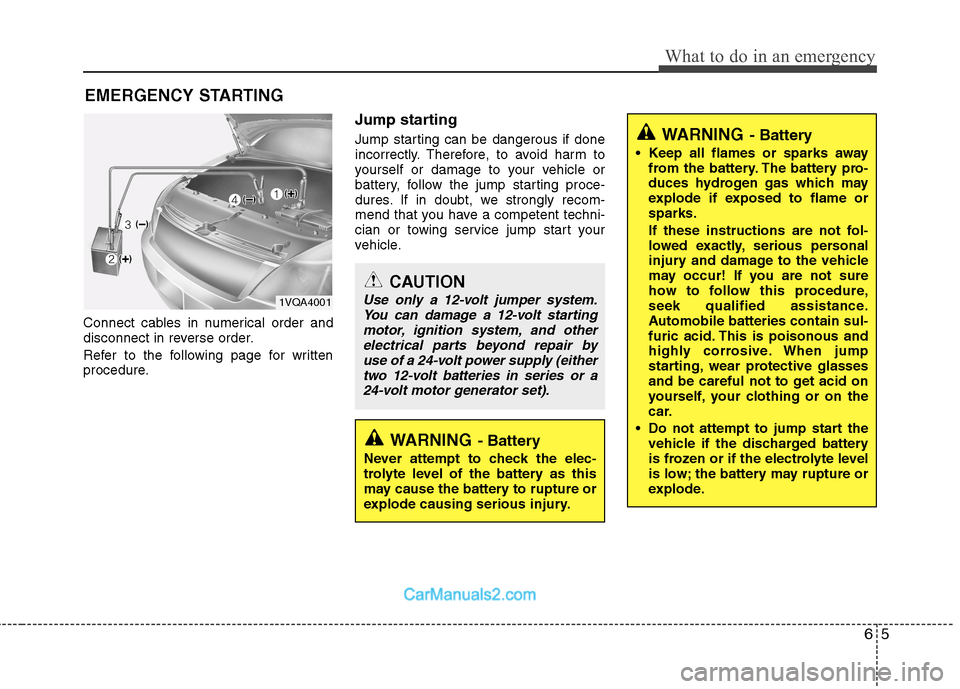 Hyundai Sonata 65
What to do in an emergency
EMERGENCY STARTING
Connect cables in numerical order and 
disconnect in reverse order. 
Refer to the following page for written 
procedure. Jump starting   
Jump starting