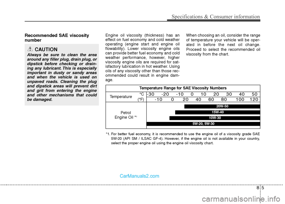 Hyundai Sonata 85
Specifications & Consumer information
Recommended SAE viscosity
number Engine oil viscosity (thickness) has an
effect on fuel economy and cold weather
operating (engine start and engine oil
flo Hyundai Sonata 85
Specifications & Consumer information
Recommended SAE viscosity
number Engine oil viscosity (thickness) has an
effect on fuel economy and cold weather
operating (engine start and engine oil
flo
