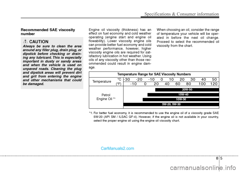 Hyundai Sonata 2011  Owners Manual - RHD (UK, Australia) 85
Specifications & Consumer information
Recommended SAE viscosity 
number   Engine oil viscosity (thickness) has an 
effect on fuel economy and cold weather
operating (engine start and engine oil
flo