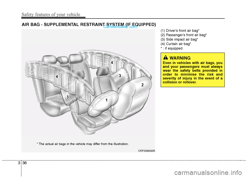 Hyundai Sonata Safety features of your vehicle
36
3
(1) Driver’s front air bag*
(2) Passenger’s front air bag*(3) Side impact air bag*
(4) Curtain air bag*
* : if equipped
AIR BAG - SUPPLEMENTAL RESTRAINT SYSTE Hyundai Sonata Safety features of your vehicle
36
3
(1) Driver’s front air bag*
(2) Passenger’s front air bag*(3) Side impact air bag*
(4) Curtain air bag*
* : if equipped
AIR BAG - SUPPLEMENTAL RESTRAINT SYSTE